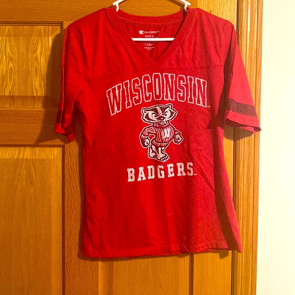 Woman’s Wisconsin Badges V-neck T-shirt.
